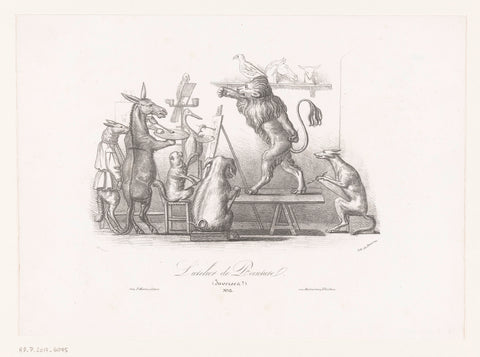 Studio with various animals repainting a lion, Pierre François Ducarme, 1826 Canvas Print