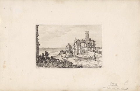 Ruin with arches and a tower on the water, Claes Jansz. Visscher (II), 1618 Canvas Print