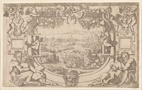 Landscape in ornamental frame, Antonio Fantuzzi (attributed to), 1537 - 1550 Canvas Print