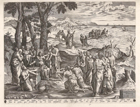 Miraculous fishing and miraculous feeding, Pieter van der Heyden, 1556 Canvas Print