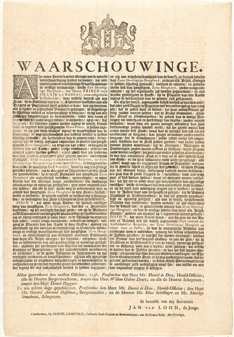 Warning of the Amsterdam Court against the authors of the pamphlet entitled Billyk verzoek der Amsterdamsche Burgerye, Samuel Lamsveld, 1748 Canvas Print