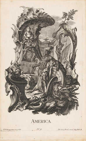 Rocaille with the personification of the continent of America, Jakob Gottlieb Thelott, 1718 - 1775 Canvas Print