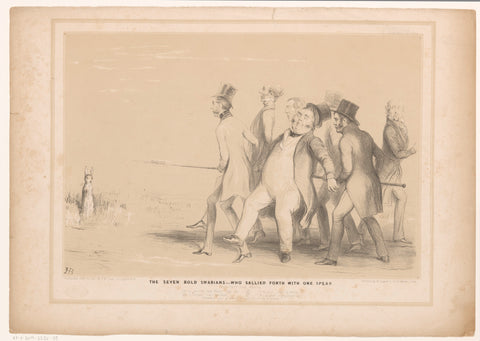 Cartoon with seven men attacking a hare with a spear, John Doyle, 1847 Canvas Print