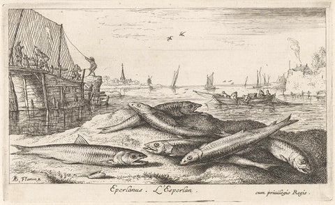 Six smelts on the beach, Albert Flamen, 1664 Canvas Print