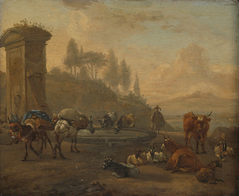 Livestock by a Fountain, Willem Romeyn, 1650 - 1694 Canvas Print