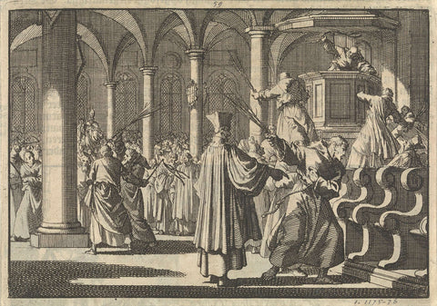 Margaret Church in La Rochelle is again catholicly ordained by flogging pulpit, pillars and benches with rods, 1628, Jan Luyken, 1698 Canvas Print