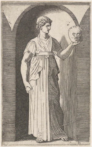 Muse Thalia with mask standing in niche, Marcantonio Raimondi, 1511 - 1520 Canvas Print