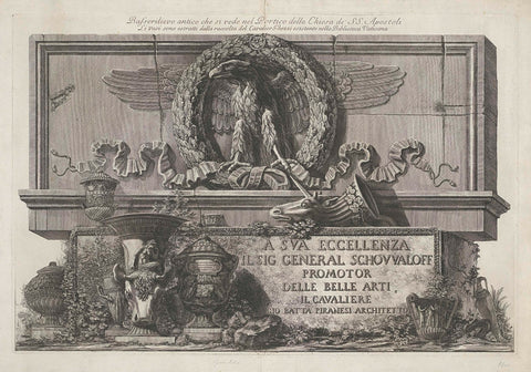 Title print with vases, sculpted reliefs and marble block with inscription, Giovanni Battista Piranesi, 1778 Canvas Print