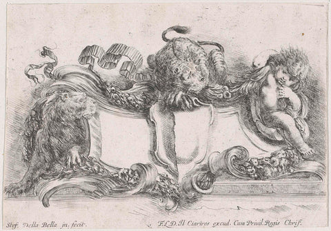 Cartouche with two lions and a putto, Stefano della Bella, 1646 Canvas Print