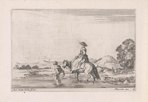 Peasant Woman on Horseback and Peasant Woman on Foot Crossing the River, Stefano della Bella, 1620 - 1664 Canvas Print