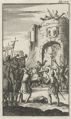 Fortress gate broken open by battering rams, Jan Luyken, 1685 Canvas Print