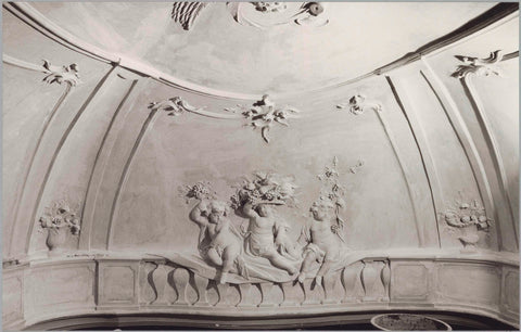 Detail of ceiling with putti holding grapes (Autumn), during restoration, 1982 Canvas Print