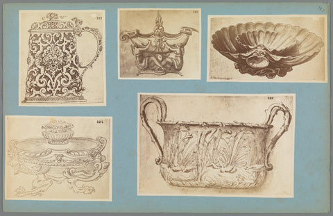 Five photo reproductions of a print and drawings of crockery, anonymous, c. 1875 - c. 1900 Canvas Print