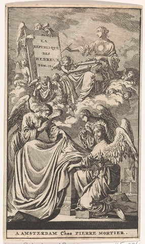 Allegorical female figure describes in the clouds a panel, Jan Luyken, 1705 Canvas Print