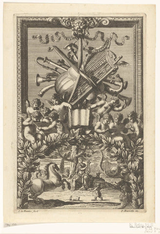 Trophy of musical instruments with ribbon, Jean Lepautre, c. 1657 - c. 1670 Canvas Print