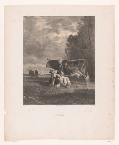 Three cows and a farmer in a meadow, Jules Didier, 1855 Canvas Print