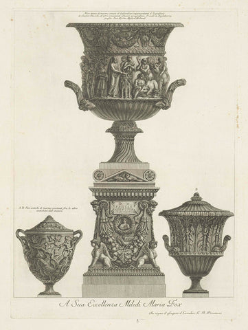 Three vases, one of which is on pedestal, Giovanni Battista Piranesi, 1778 Canvas Print