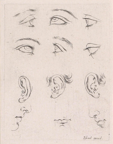 Six eyes, three ears, two noses and three mouths, Stefano della Bella, 1620 - 1664 Canvas Print