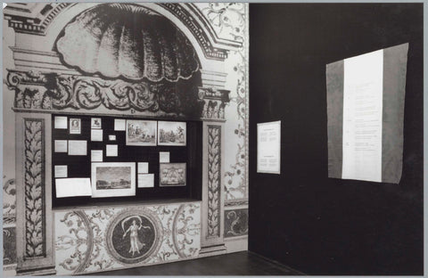 Display case with plates and prints amid inflated reproductions of engravings, c. 1991 Canvas Print