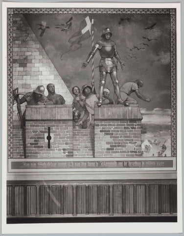 Decoration painting 'Jan van Schaffelaar throws himself off the tower at Barneveld to save the occupation 1482' by G. Sturm in the front hall, 1904 - 1906 Canvas Print