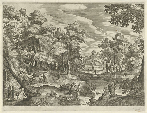 Landscape with the baptism of Christ, Johann Sadeler (I), 1580 - 1600 Canvas Print