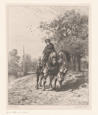 Two draft horses and a rider, Charles Emile Jacque, 1864 Canvas Print