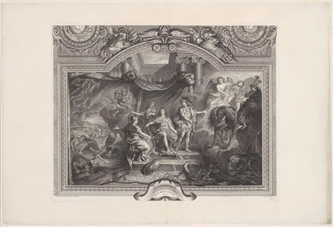 Ceiling painting in the Grande Galerie of Versailles depicting Louis XIV, King of France, between Mars and Minerva, Laurent Cars, 1752 Canvas Print