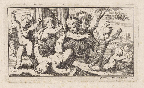 Putti trying to ride a goat, Paul van Somer (II), 1670 - 1697 Canvas Print