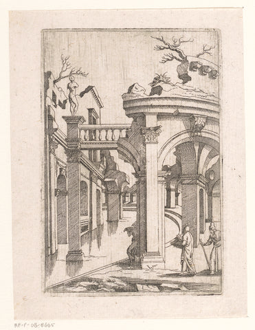 Colonnade around a basin with two standing draughtsmen and a pilgrim, Virgilius Solis, 1550 - 1562 Canvas Print