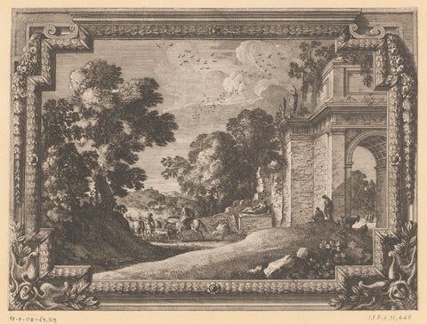 Landschap met figuren bij een poort of boog, Jean Lepautre, 1628 - 1682 Canvas Print