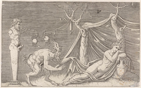 Satyr stalks a sleeping nymph, Marcantonio Raimondi, 1510 - 1527 Canvas Print