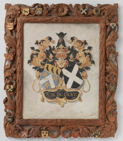 The alliance arms of Jan Boudaen Courten and Anna Maria Hoeufft, great-grandparents of Jacob Verheye van Citters, in a carved wooden frame with the coats of arms of the sixteen quarters of the couple, Justus van Attevelt, 1675 Canvas Print