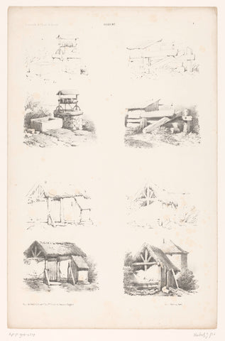 Four representations of barns and a well in two drawing steps, Jean Baptiste Louis Hubert, 1853 - 1854 Canvas Print