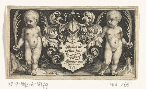 Title print with two children with palm leaf beside coat of arms, Nicolaes de Bruyn, 1594 Canvas Print