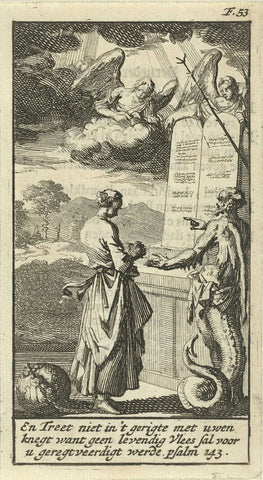 Woman and devil in front of an altar on which the tablets of the law stand, Jan Luyken, 1691 Canvas Print