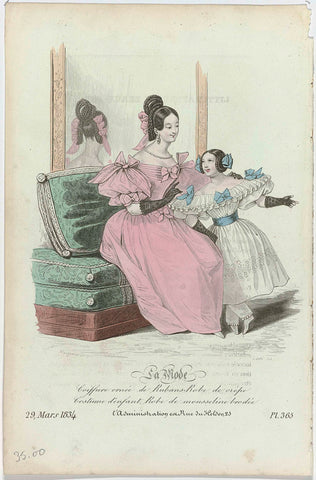 La Mode, 29 March 1834, Pl. 365 : Coiffure ornée de Rubans-Rob (...), Jean Denis Nargeot, 1834 Canvas Print