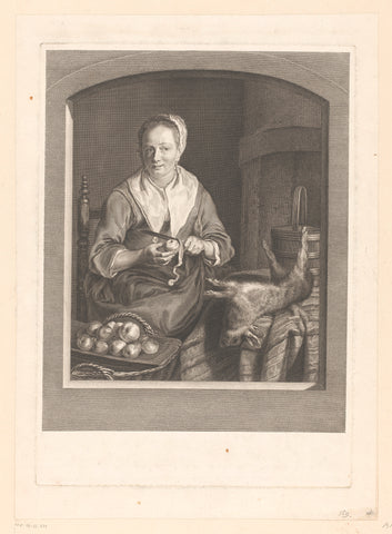 Apple peeling woman in kitchen interior, Jean Daullé, 1762 Canvas Print