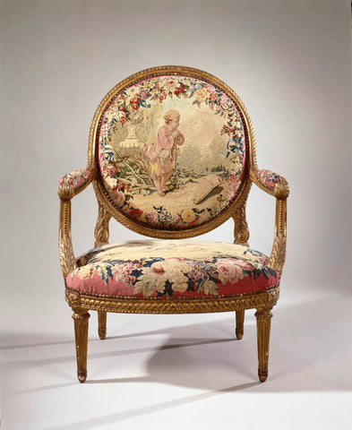 Armchair covered with tapestry with a boy in a vineyard (petit vendangeur) (back) and a flying eagle with a partridge in the claws (seat), Manufacture Royale des Gobelins, c. 1935 Canvas Print