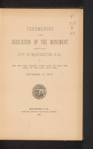 Ceremonies at the dedication of the monument erected by the City of Manchester, N.H., to the men who periled their lives to save the Union in the late Civil War, September 11, 1879, Mirror Steam Printing Press, 1880 Canvas Print