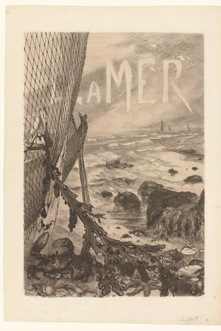 Cover for album La Mer with seascape and fishing net with seaweed on beach, Félix Bracquemond, 1885 - 1889 Canvas Print