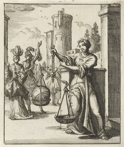 Vrouw weegt een rijksappel, Jan Luyken, 1687 Canvas Print