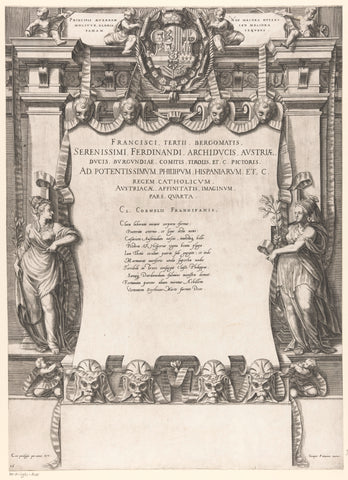 Title print with text, women with branches, coat of arms, ornament and putti, Gaspare Oselli, 1569 Canvas Print