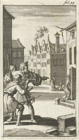 Three men see sin enter a house, Jan Luyken, 1687 Canvas Print