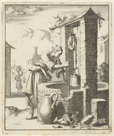 Woman gets a bucket of water from a well, Jan Luyken, 1687 Canvas Print