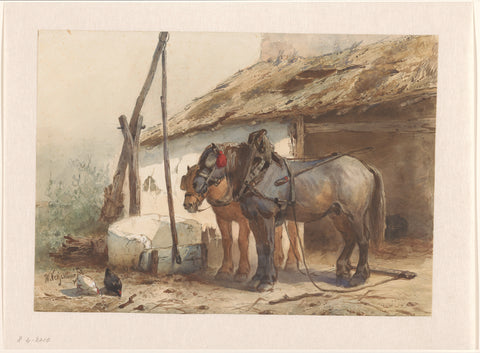 Two horses standing in front of a stable, Wouter Verschuur (1841-1936), 1851 - 1936 Canvas Print