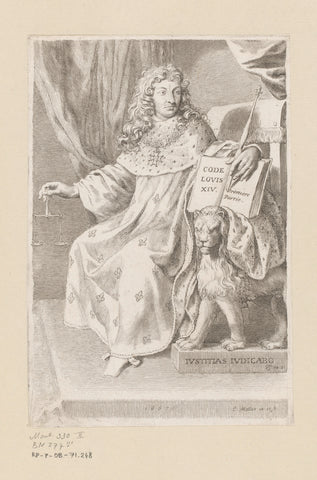 Portret van Lodewijk XIV, gezeten op zijn troon met scepter en weegschaal, Claude Mellan, 1667 Canvas Print