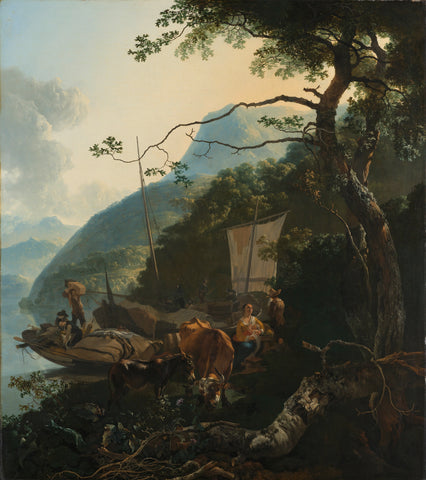 Boatmen Moored on the Shore of an Italian Lake, Adam Pijnacker, 1650 - 1670 Canvas Print