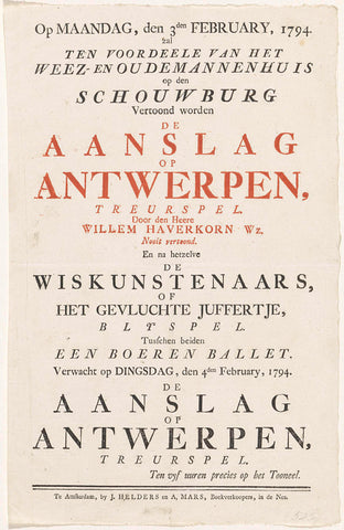 Poster with the announcement of the performance of the piece 'De Aanslag op Antwerpen', 1794, Jan & Mars, A. Helders, 1794 Canvas Print