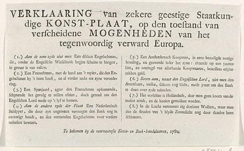 Text sheet accompanying the cartoon on the shaky British economic position, ca. 1780, anonymous, 1780 Canvas Print