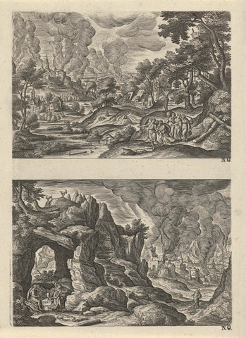 Two landscapes with the flight of Lot from Sodom, Julius Goltzius, c. 1589 - 1595 Canvas Print